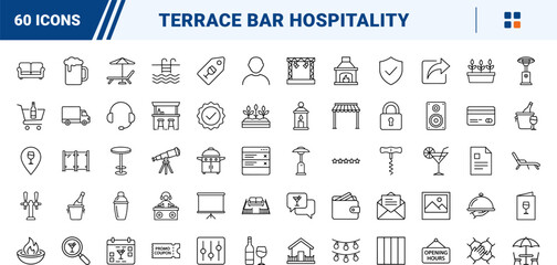 Obraz premium Rooftop venue website line icon set. Vector pictograms of terrace, dining, nightlife, and hospitality elements, thin linear illustration.