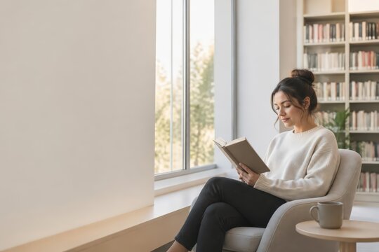Young woman reading a book by a window