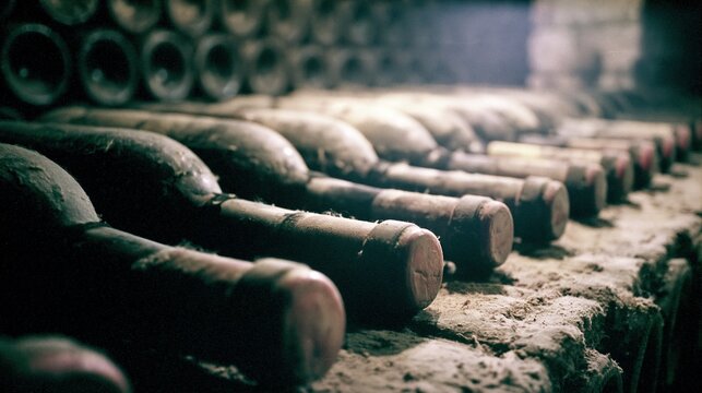 Wide shot of wine bottles aging in rows in a dusty wine cellar, dim atmospheric light, documentary wine aging photography