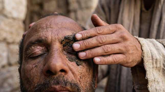 Jesus healing a man born blind by spitting on the ground, making mud, and applying it to the man's eyes
