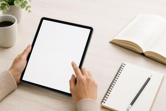 Hands holding tablet on tidy desk with notebook and coffee