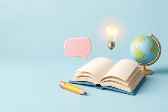 Open book with globe light bulb pencil and speech bubble