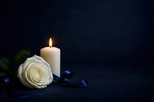White rose with burning candle on dark background