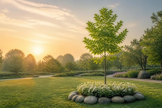 Young tree in landscaped park at sunrise