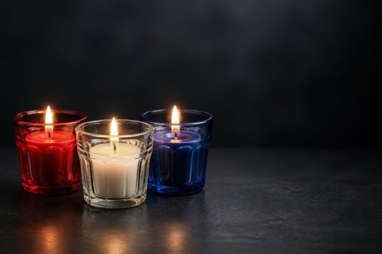 Three lit votive candles in colored glass holders