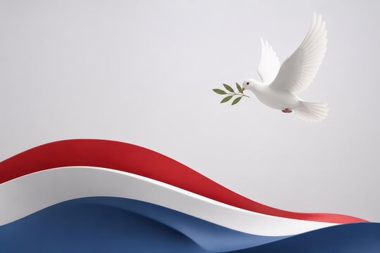 White dove carrying olive branch over red white and blue waves