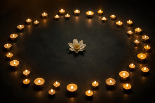 White lotus flower surrounded by glowing tealight candles
