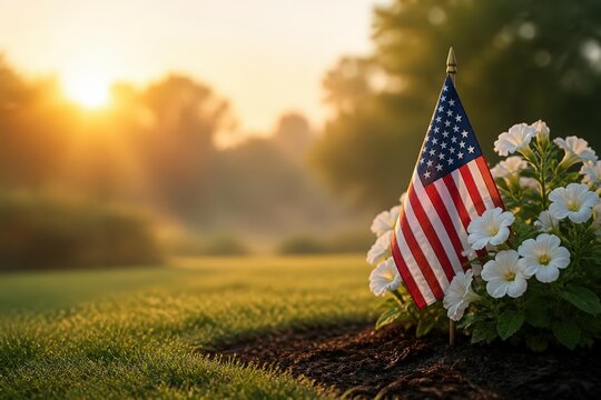 Small American flag among white flowers at sunrise