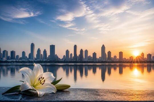 White lily on waterfront with city skyline at sunrise