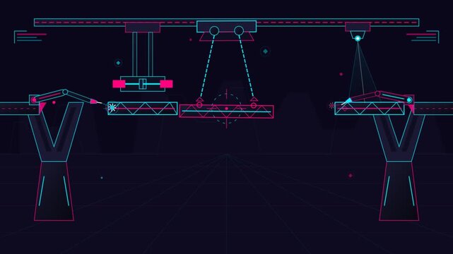 Neon animation of robotic arms and cranes assembling a bridge structure.