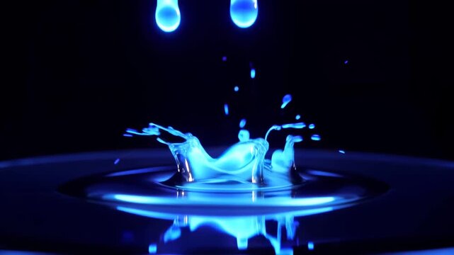 Neon blue liquid drop splash creating ripples and beautiful crown shaped patterns on dark water surface in high speed macro shot.