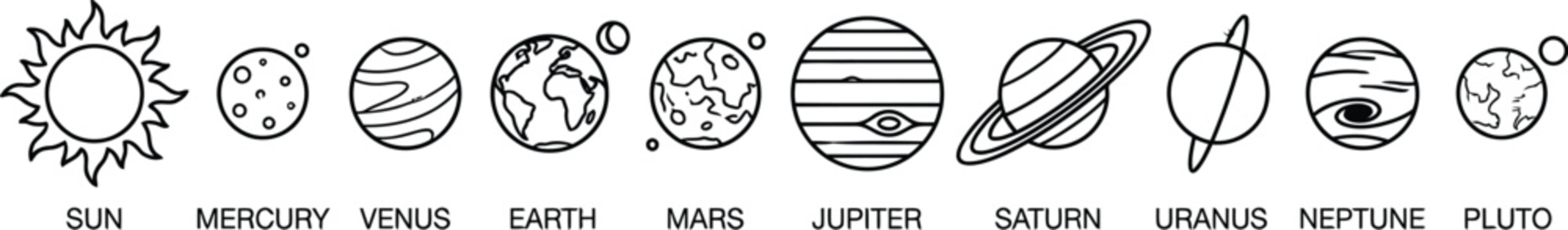 Line Art Icons of the Solar System Planets and the Radiant Sun