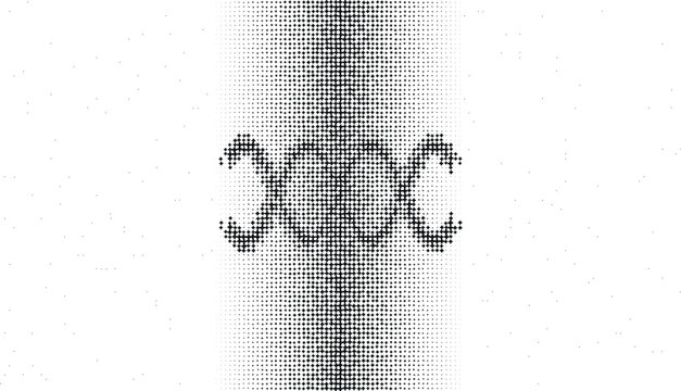 A black dna helix shape formed by a halftone dot pattern on a white background, isolated symbol for various uses