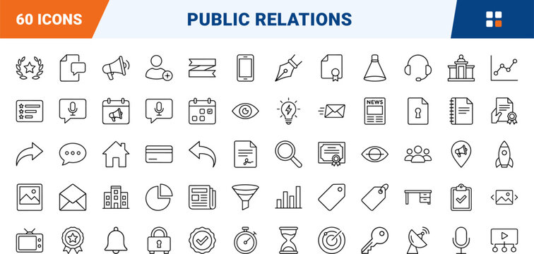 PR agency website line icon set. Vector pictograms of media relations, public relations, press, and brand communication elements, thin linear illustration.