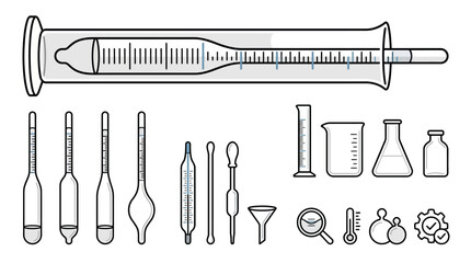 Laboratory glassware collection and hydrometer density measurement icons in clean monolinear vector style for scientific research and chemical analysis branding © dian