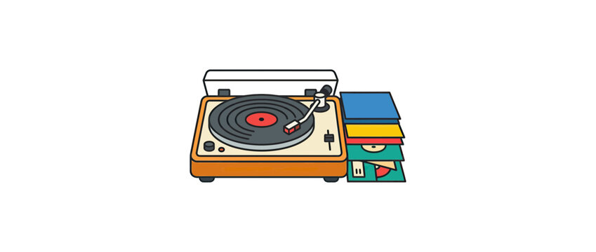 Vintage record player with stack of vinyl records illustration