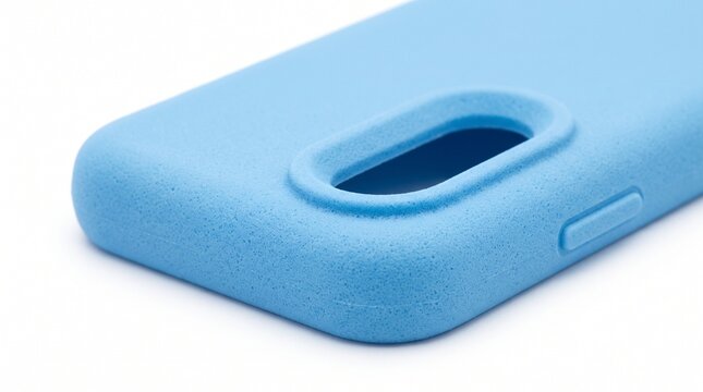Close-up of a soft blue phone case with a cutout for the camera.