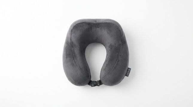 Gray memory foam travel neck pillow on white background.