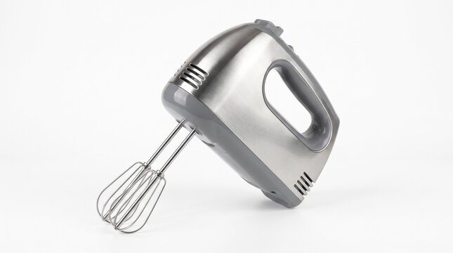 Modern silver electric hand mixer with whisk attachment isolated on white.