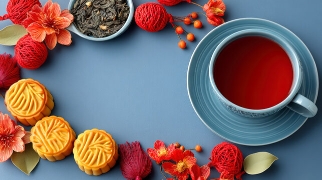 Chinese Mid Autumn Festival tea with mooncakes flowers and blue copy space