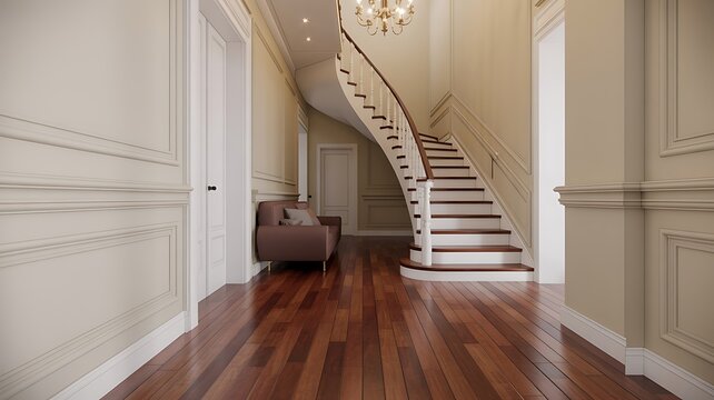 Black suitcase on wooden floor near staircase