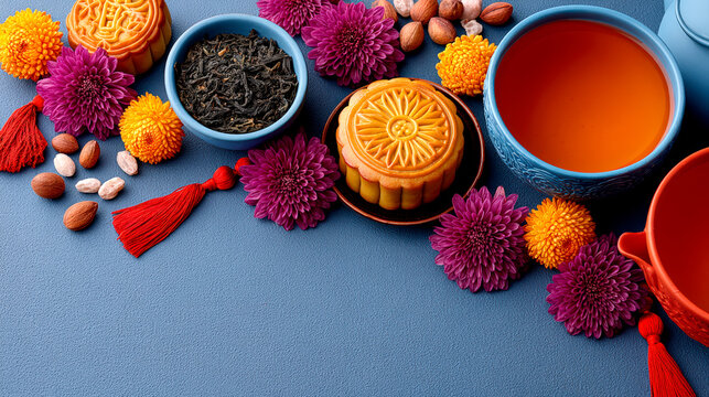 Traditional Chinese mooncakes with tea flowers nuts and blue copy space background
