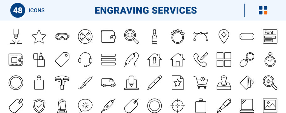 Engraving Service Website line icon set. Vector pictograms of laser, jewelry, custom, and trophy elements, thin linear illustration.