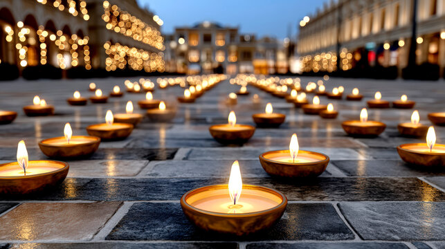 Diwali oil lamps illuminating public square during traditional Indian Festival of Lights