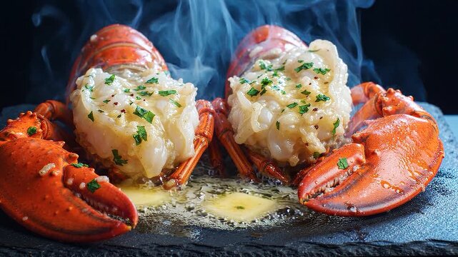 Luxurious Lobster Feast Two steaming halves of a succulent lobster glistening with melted butter and sprinkled with fresh herbs served on a dark slate platter exuding an air of gourmet indulgence