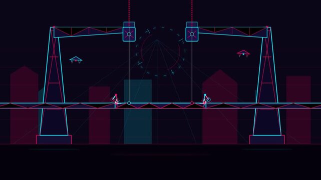 Neon futuristic bridge construction animation with drones in city.