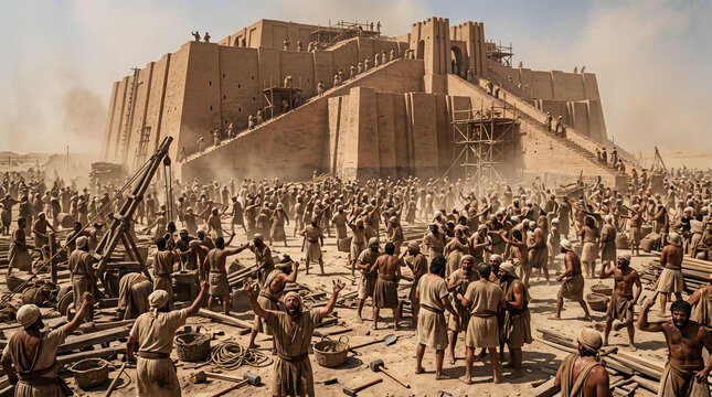 The confusion of languages at the Tower of Babel. Ancient builders suddenly unable to understand each other, abandoning the massive project