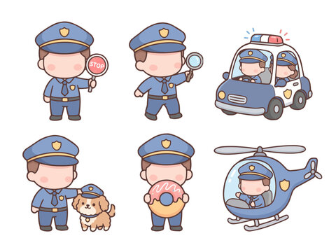 Cute Chibi Police Officer Character Activities and Transportation Vector Set
