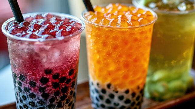 Close-up of bubble tea with visible tapioca pearls in colorful layers, bright light, documentary trendy beverage photography 