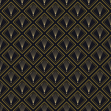 Art deco gold sunray diamond seamless pattern on dark background