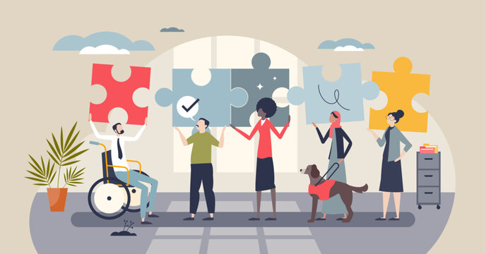 Inclusive workplace collaboration, diverse colleagues lift puzzle pieces, wheelchair and guide dog highlight accessibility and teamwork solutions. Tiny style