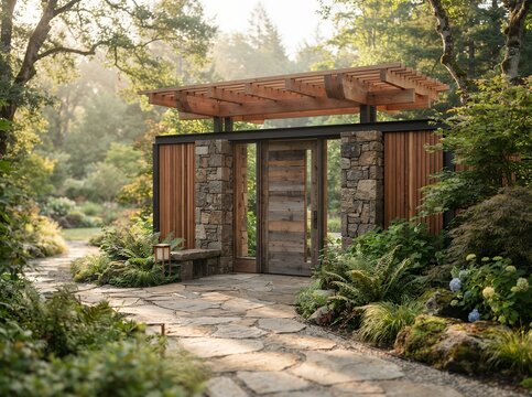 Tranquil Japanese Garden Entrance with Stone Path and Lush Greenery.