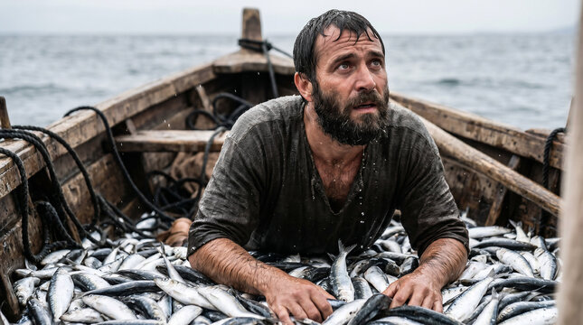 The calling of Peter. Jesus in Peter's boat, commanding him to lower the nets, resulting in a miraculous, boat-sinking catch of fish