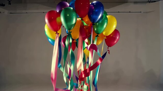 Bunch of colorful helium balloons with long satin ribbons floating slowly in studio setting against plain gray background for celebration.
