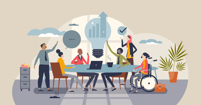 Upskilling strategy drives a diverse team as a light bulb idea grows over laptops, symbolizing collaborative learning and measurable progress at work. Tiny style