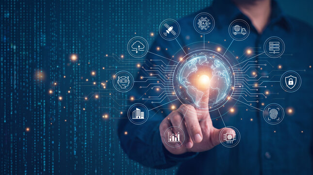 Global Digital Network Interface With AI Icons and Data Security Dashboard 