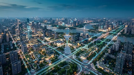 Fototapeta premium mart City Urban Planning with High-Tech Infrastructure and River Bridge.