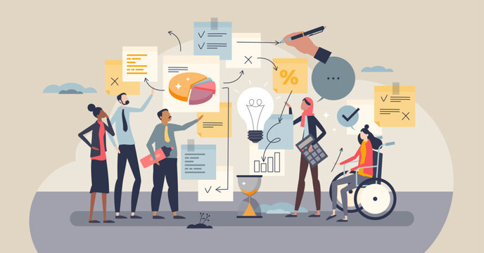 Brainstorming session drives collaborative planning as a diverse team ideates around a light bulb, sticky notes, and charts, symbolizing creativity, strategy, and inclusion. Tiny style