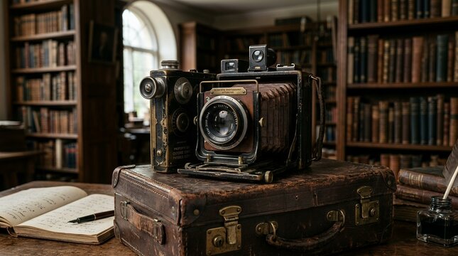 Vintage camera resting on antique suitcase in library setting.
