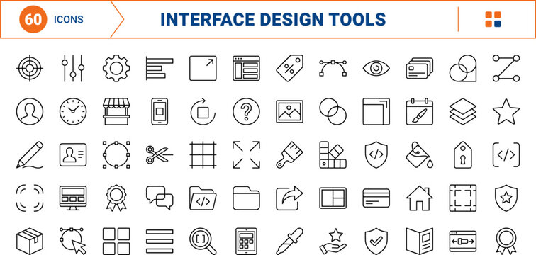 Graphic design line icon set. Vector pictograms of software, layout, interface, and branding elements, thin linear illustration.