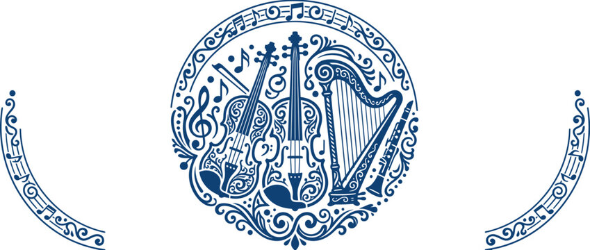 Ornate Circular Music Design with String Instruments and Notes