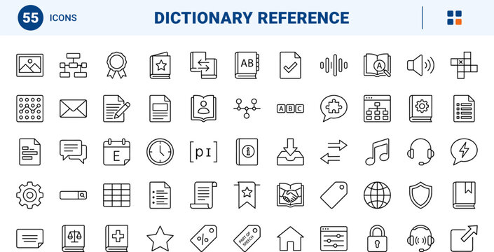 Dictionary site icons line icon set. Vector pictograms of reference, vocabulary, language, and search elements, thin linear illustration.