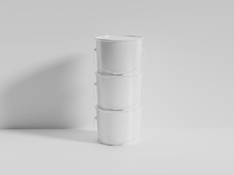3D Render Stacked Blank Paint Can Mockup. Blank White Stacked Paint Bucket Mockup 3D Render