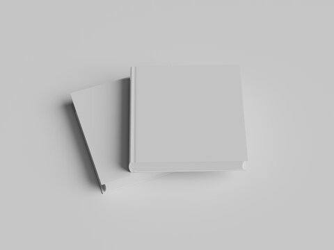 3D Render Stacked Square Hardcover Book Mockup. Blank White Square Hardback Book Cover Mockup 3D Render