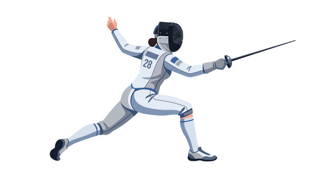 Fencer in action pose with sword, female athlete in uniform, clear background
