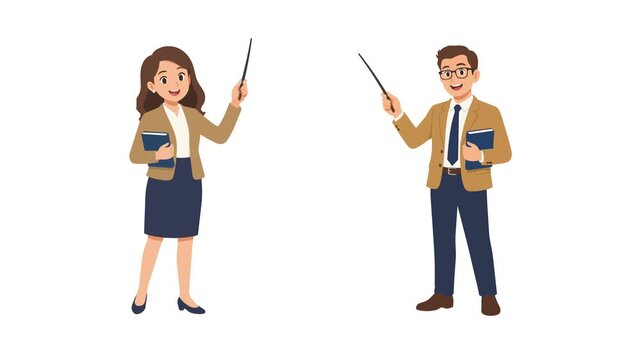 Animated male and female teacher pointing with stick holding book on green screen background for education concept